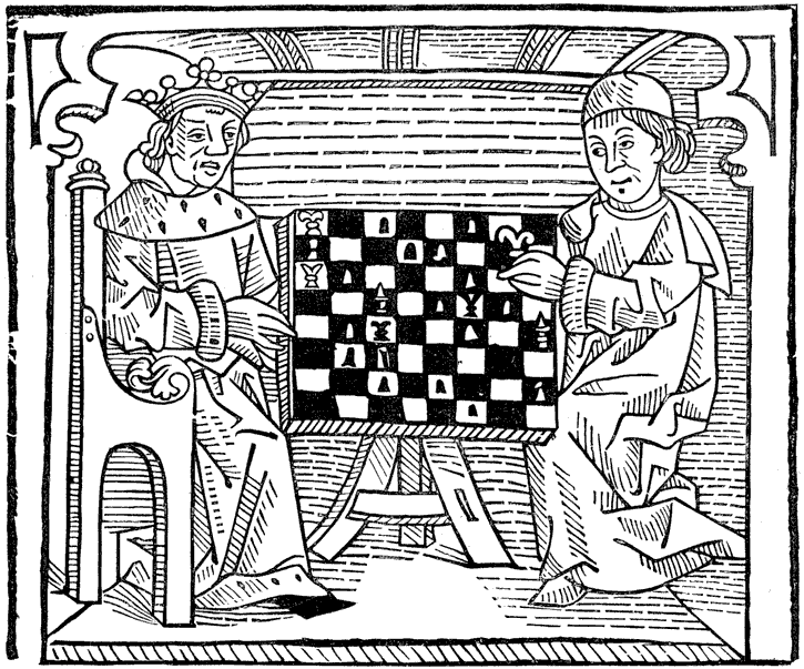 Woodcut from Caxton's  'Game and Playe of the Chesse.'  From Henri Bouchot 'The Printed Book' (1887), page 91, published size in Bouchot 12cm wide by 10cm high.