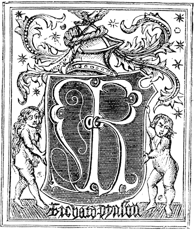 One of the marks of Richard Pynson, 16th century printer. From Henri Bouchot 'The Printed Book' (1887), page 96,  published size in Bouchot, 5.15cm wide by 6.25cm high.
