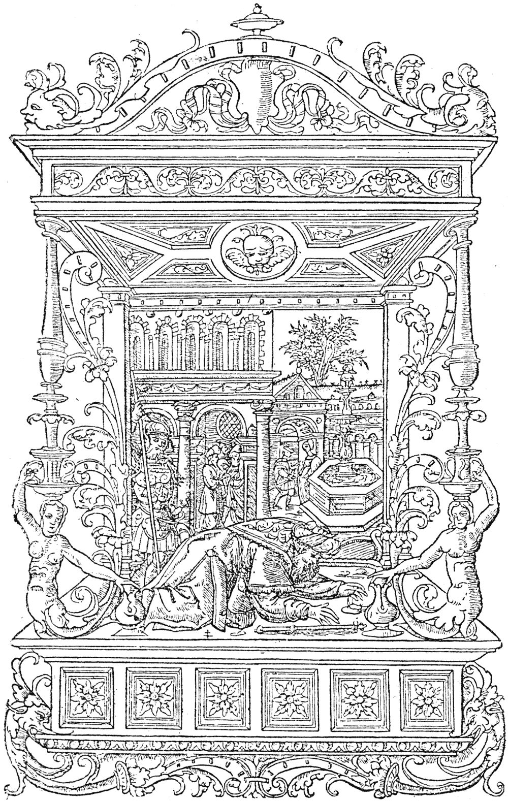 Geoffroy Tory's 'Heures de la Vierge' printed for Simon de Colines, with the mark of the Cross of Lorraine. From Henri Bouchot 'The Printed Book' (1887), page 115, published size in Bouchot, 7.5cm wide by 11.9cm high.