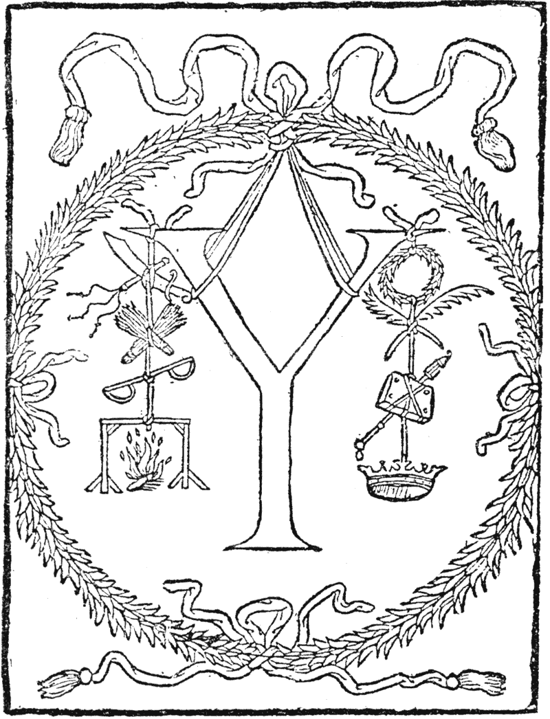 Emblematical letter Y, taken from the 'Champfleury, auquel est contenu l'art et science de la deue proportion des lettres . . . selon le corps et le visage humain', of Geoffroy Tory, 1529. From Henri Bouchot 'The Printed Book' (1887), page 117, published size in Bouchot, 4.9cm wide by 6.8cm high