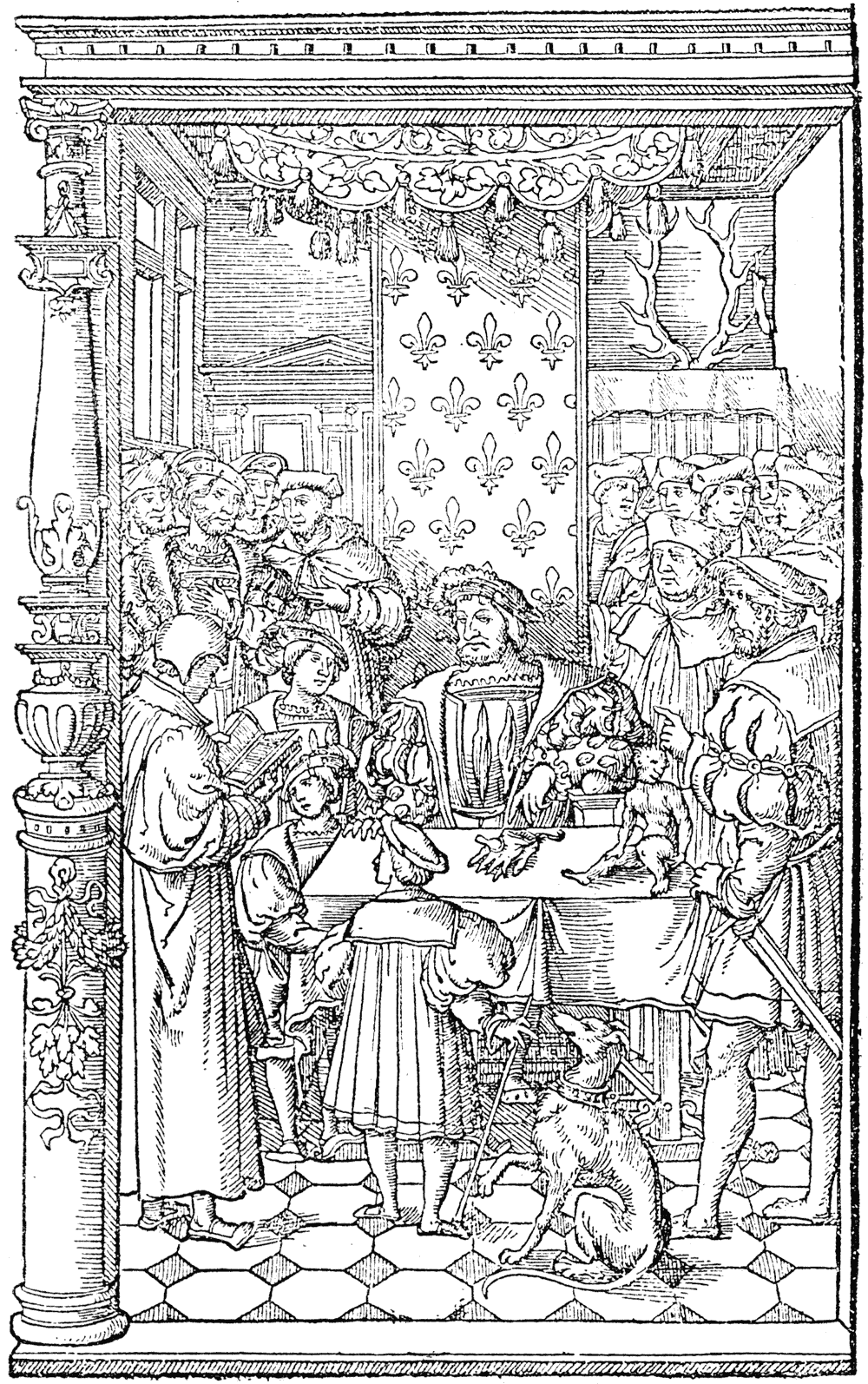 Macault reading to Francis I his translation of Diodorus Siculus. Wood engraving attributed to Geoffroy Tory, 1535.  From Henri Bouchot 'The Printed Book' (1887), page 119, published size in Bouchot, 8cm wide by 12.9cm high.