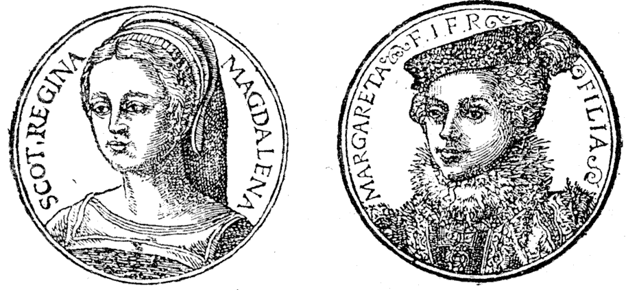 Portraits of Madeleine, Queen of Scotland, and of Marguerite, Duchess of Savoy, by Cornelis of Lyons & printed in Roville's 'Promptuaire des Medailles'. From Henri Bouchot 'The Printed Book' 1887, page 129, published size 3.4 cm high.