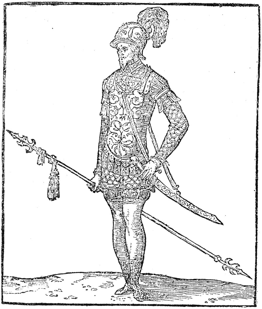Captain of foot from the 'Entree de Henri II. a Lyon', 1549. From Henri Bouchot 'The Printed Book' (1887), page 131, published size in Bouchot 7.4 cm wide by 8.7 cm high.