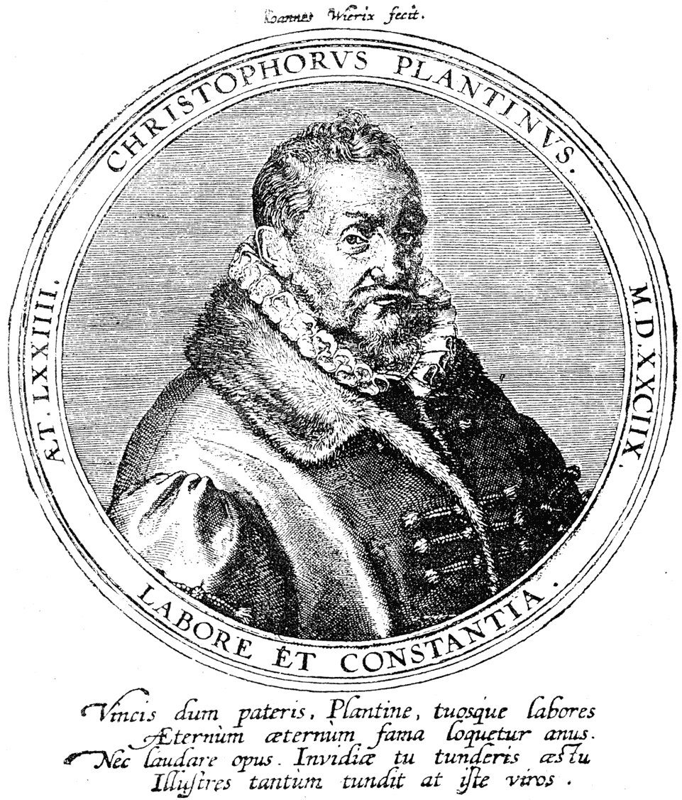 Portrait of Christopher Plantin, printer of Antwerp. Engraved by Wierix, 16th century. From Henri Bouchot 'The Printed Book' (1887), page 139, published size in Bouchot 9.4 cm wide by 11.25 cm high.