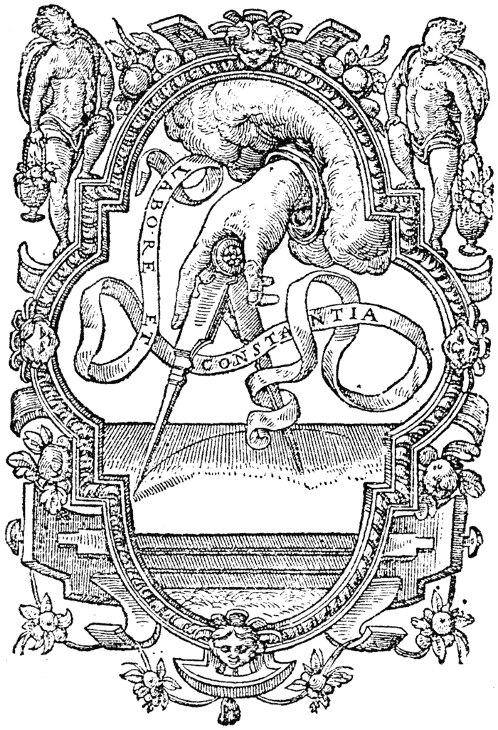Christopher Plantin's printers mark, 16th century. From Henri Bouchot 'The Printed Book' (1887), page 141, published size in Bouchot 4.7 cm wide by 7.2 cm high.