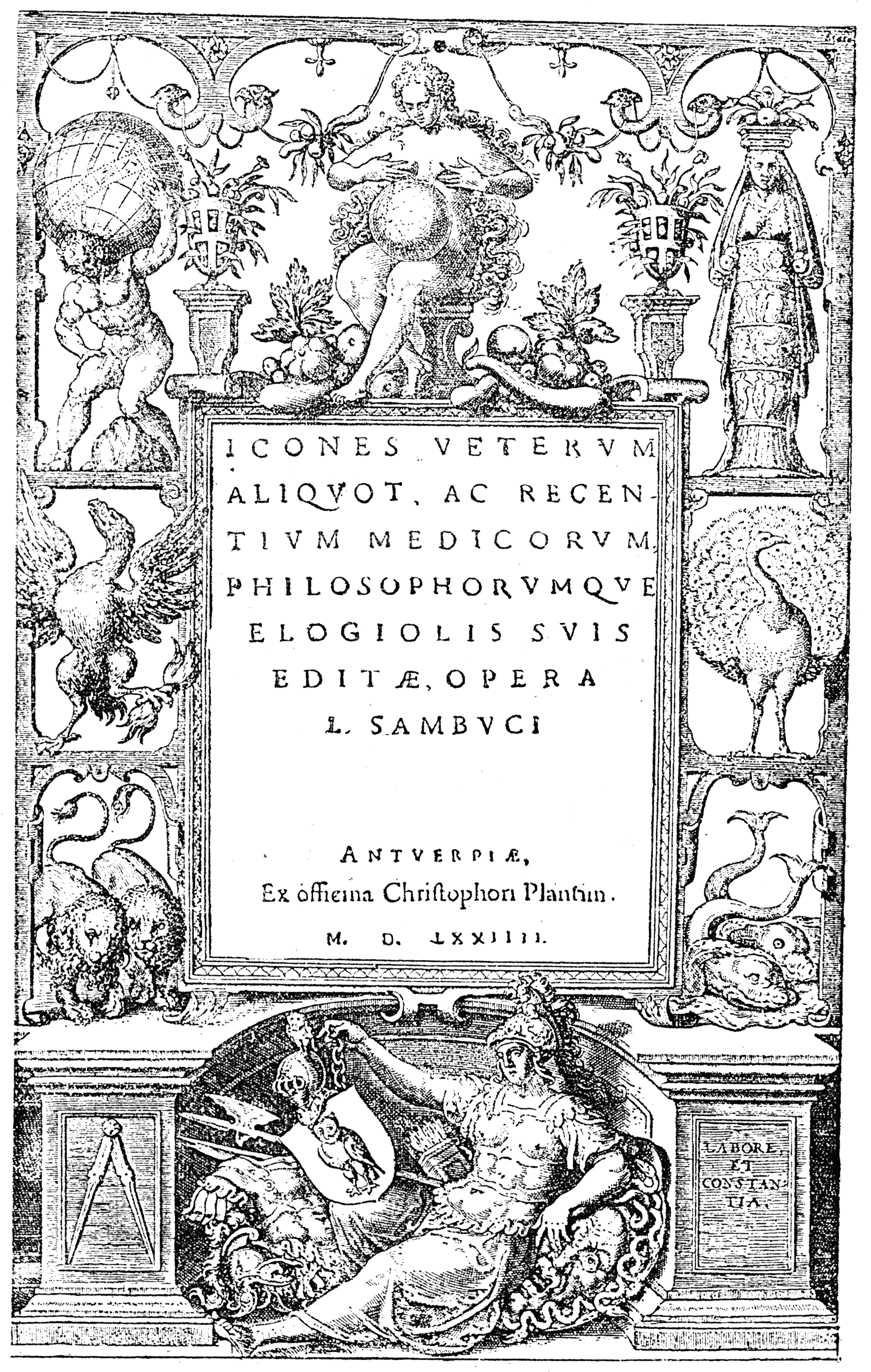 'Icones Veterun Aliquot, ac Recentium Medicorum, Philosophorumque Elogiolis Suis', frontispiece, Plantin printer, 16th century. From Henri Bouchot 'The Printed Book' (1887), page 143, published size in Bouchot 8.2 cm wide by 13.4 cm high.