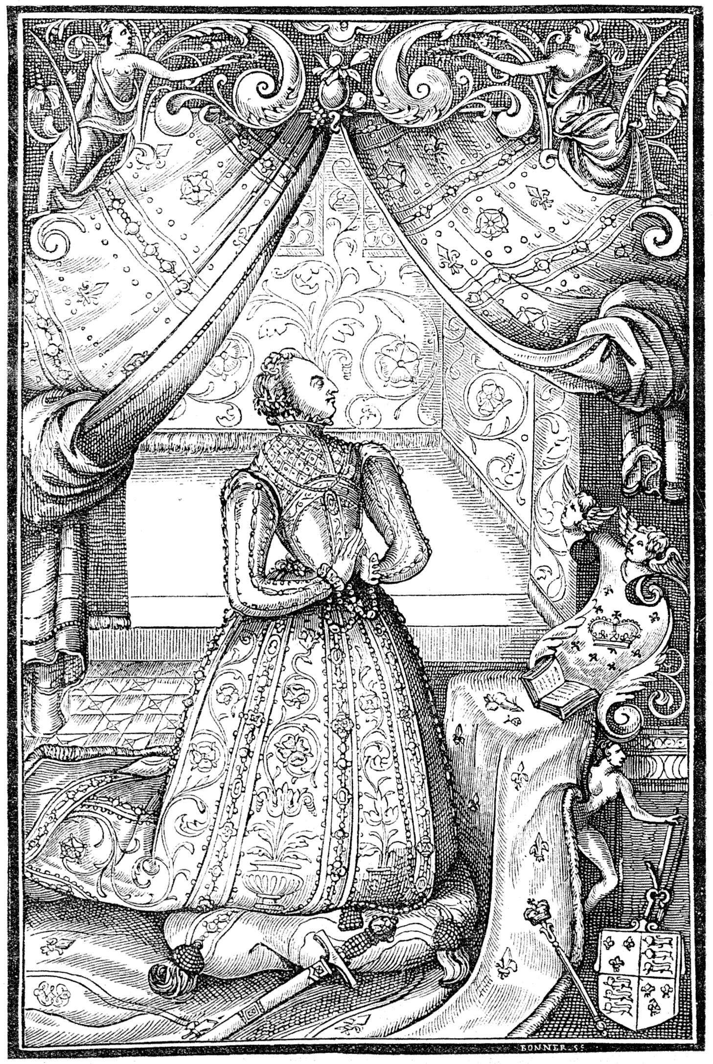 Portrait of Queen Elizabeth I from the 'Book of Christian Praiers,' known as Queen Elizabeth's Prayer-book, printed by John Day, 1578. From Henri Bouchot 'The Printed Book' (1887), page 145, published size in Bouchot 8.9 cm wide by 13.5 cm high.