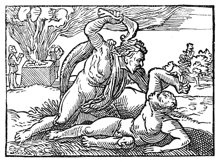 Woodcut of Cain killing Abel by Hans Sebald Beham from the first English Bible - Coverdale's translation - 1535. Possibly printed by Van Meteren at Antwerp. From Henri Bouchot 'The Printed Book' (1887), page 147, published size in Bouchot 6.8 cm wide by 5 cm high