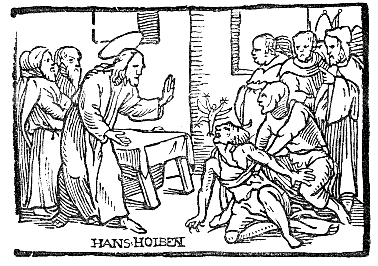Woodcut by Hans Holbein of Christ casting out devils. From Cranmer's Catechism, 1548, printed by Nicholas Hill. From Henri Bouchot 'The Printed Book' (1887), page 149, published size in Bouchot 6 cm wide by 4.2 cm high.