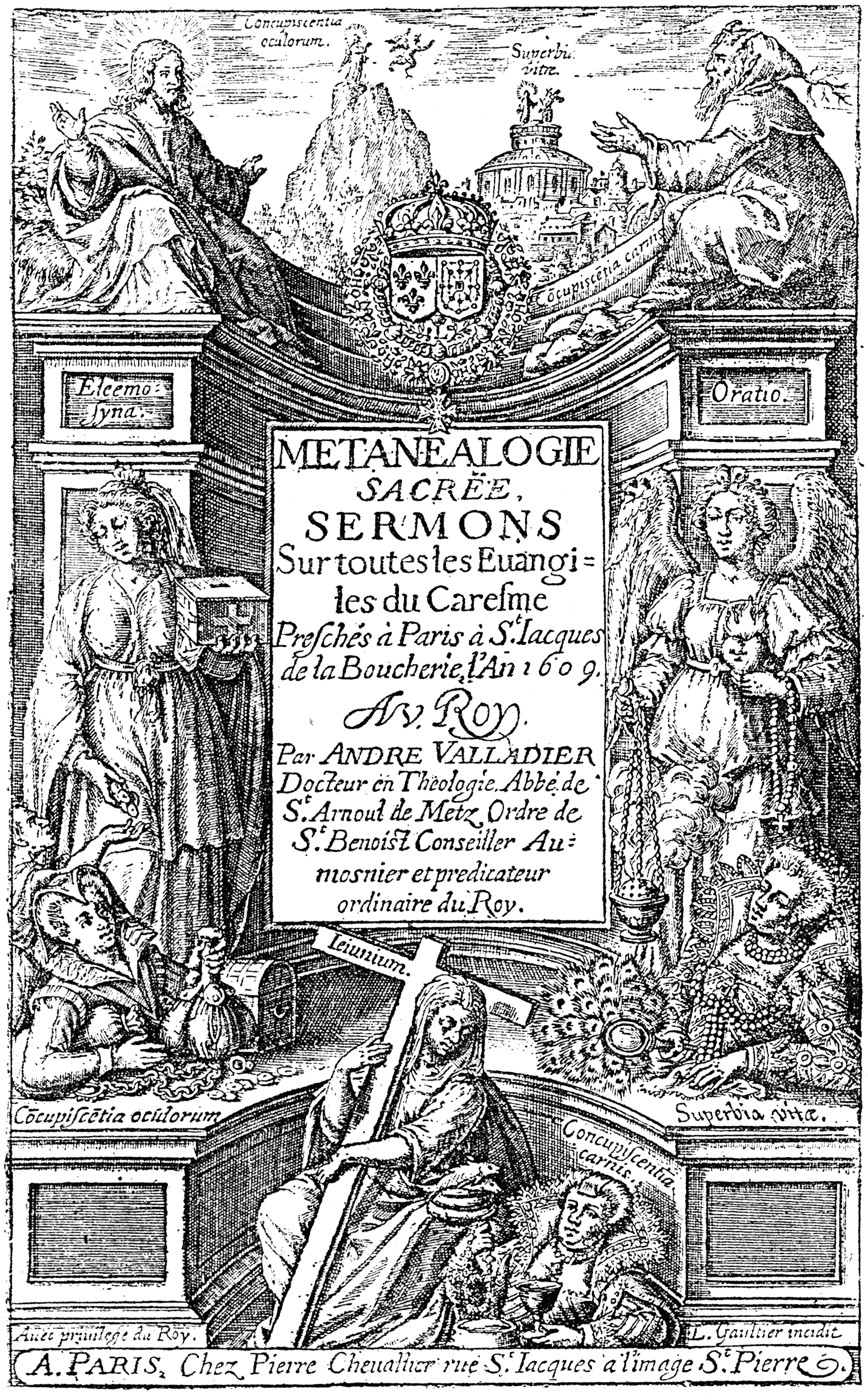 Leonard Gaultier, 17th century French engraver. Title of the 'Metanealogie Sacree' 1609. From Henri Bouchot 'The Printed Book' 1887, page 153, published size 8.8 cm wide by 14.4 cm high.