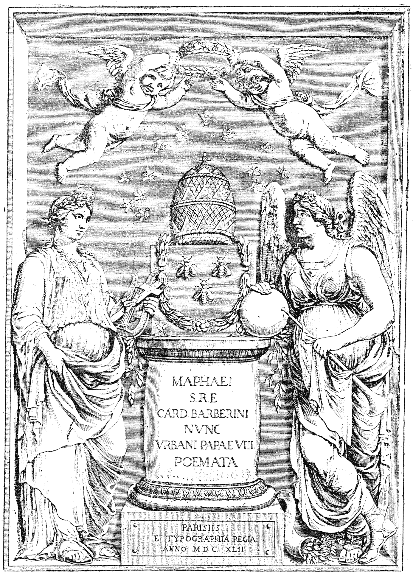 Claude Mellan title page engraving, 1642, 'Poesies'. From Henri Bouchot 'The Printed Book', 1887, page 157, published size in Bouchot 8.4 cm wide by 12 cm high.