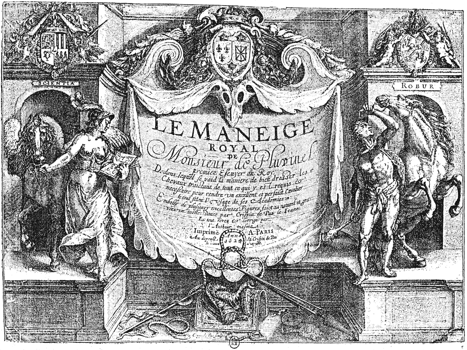 Pluvinel's 'Maneige Royal', 1624, title page, by the Dutch engraver Crispin Pass  From Henri Bouchot 'The Printed Book' (1887), page 161, published size in Bouchot 12 cm wide by 8.8 cm high.