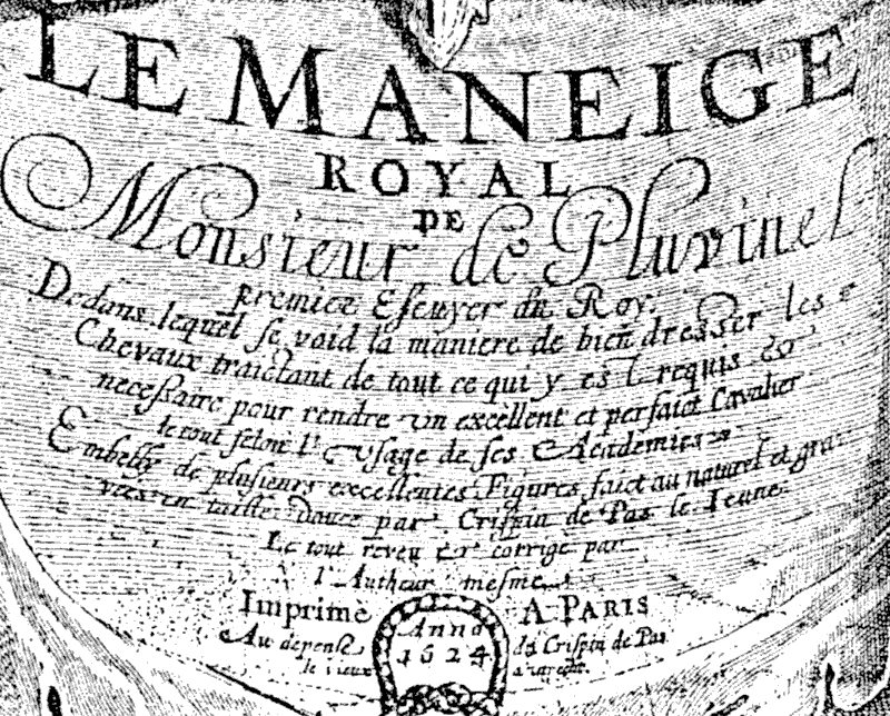 Detail of announcement from Pluvinel's 'Maneige Royal', 1624, title page, by the Dutch engraver Crispin Pass  From Henri Bouchot 'The Printed Book' (1887), page 161, published size in Bouchot 4.6 cm wide by 3.7 cm high.
