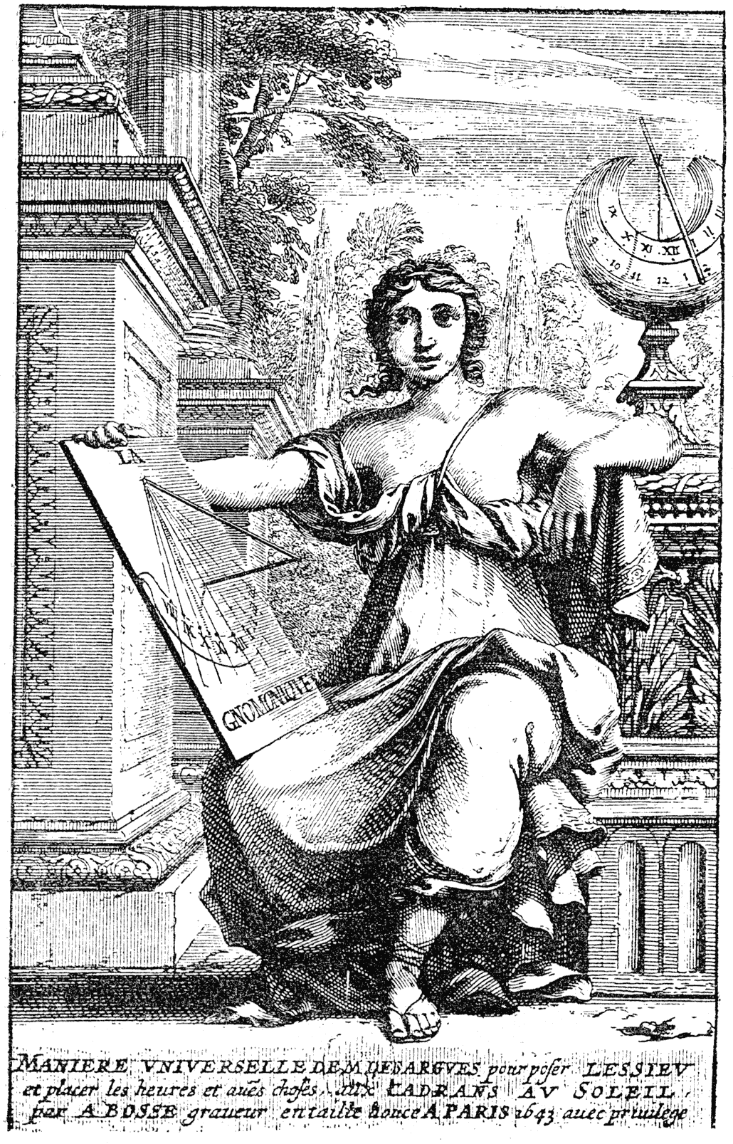 Title of the 'Maniere Universelle' by Desargues, 1643, Abraham Bosse etching.  From Henri Bouchot 'The Printed Book' 1887, page 169, published size 8.3 cm wide by 13.25 cm high.