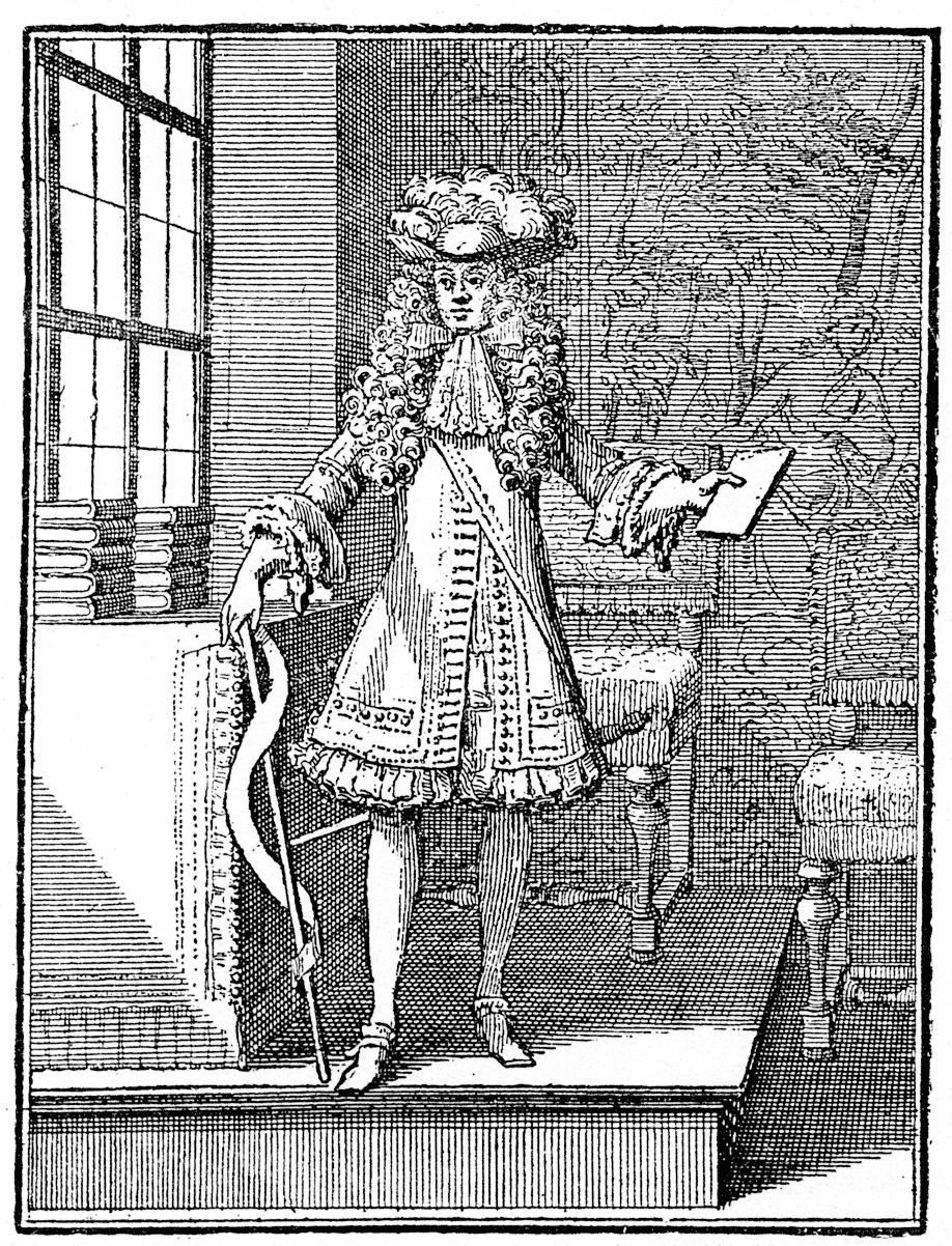 Sebastien Leclerc, 17th century French artist engraver, dandy for a Richesource pamphlet, circa 1679. From Henri Bouchot 'The Printed Book', 1887, page 179, published size in Bouchot 7.3 cm wide by 9.8 cm high.