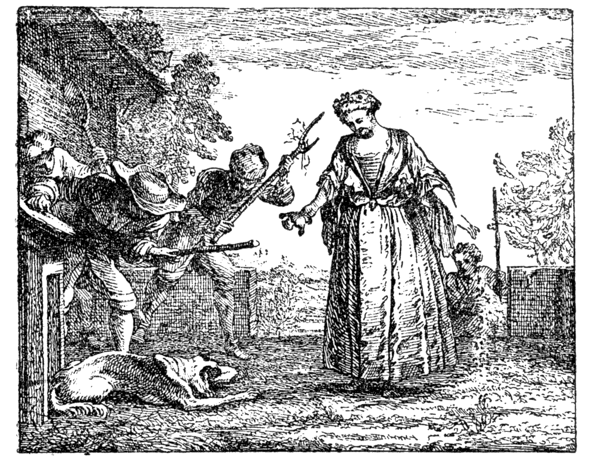 Claude Gillot etching for 'Chien et le Chat' fable by Houdart de la Motte, 1719. From Henri Bouchot 'The Printed Book' 1887, page 187, published size in Bouchot, 8.4 cm wide by 6.7 cm high.