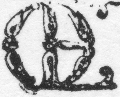 E. Fessard, engraver. Letter 'Q' for 'Oevres de Me. et Mlle Deshoulieres' 1747.  From Henri Bouchot 'The Printed Book' 1887, page 193, published size in Bouchot 0.75 cm wide by 0.6 cm high