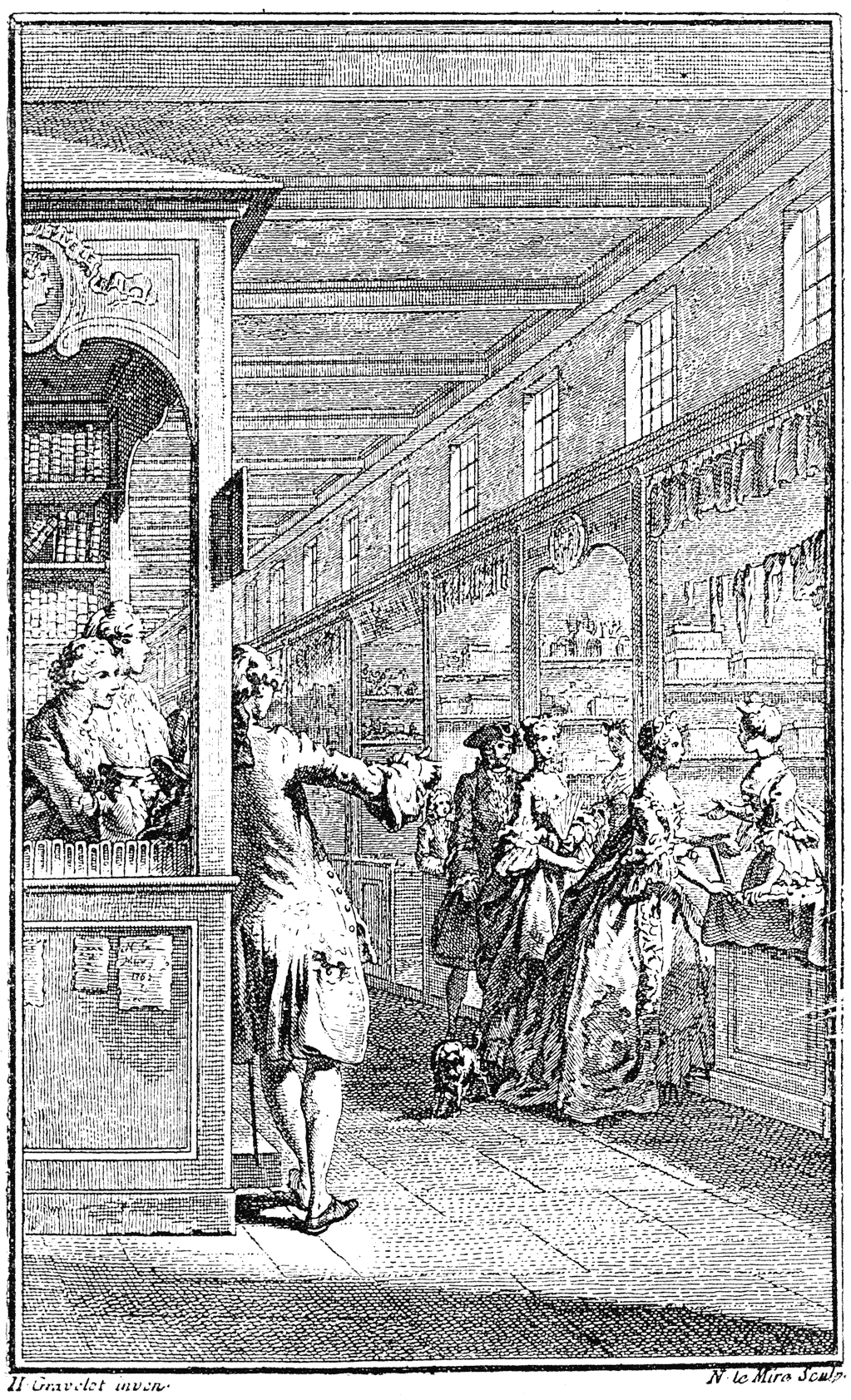 Mid-18th century vignette 'Galerie de Palais' illustrating bookselling, from P. Corneille's 'Theatre', by French artist  Gravelot.  From Henri Bouchot 'The Printed Book' 1887, page 195, published size in Bouchot  8.4cm wide by 13.9cm high.