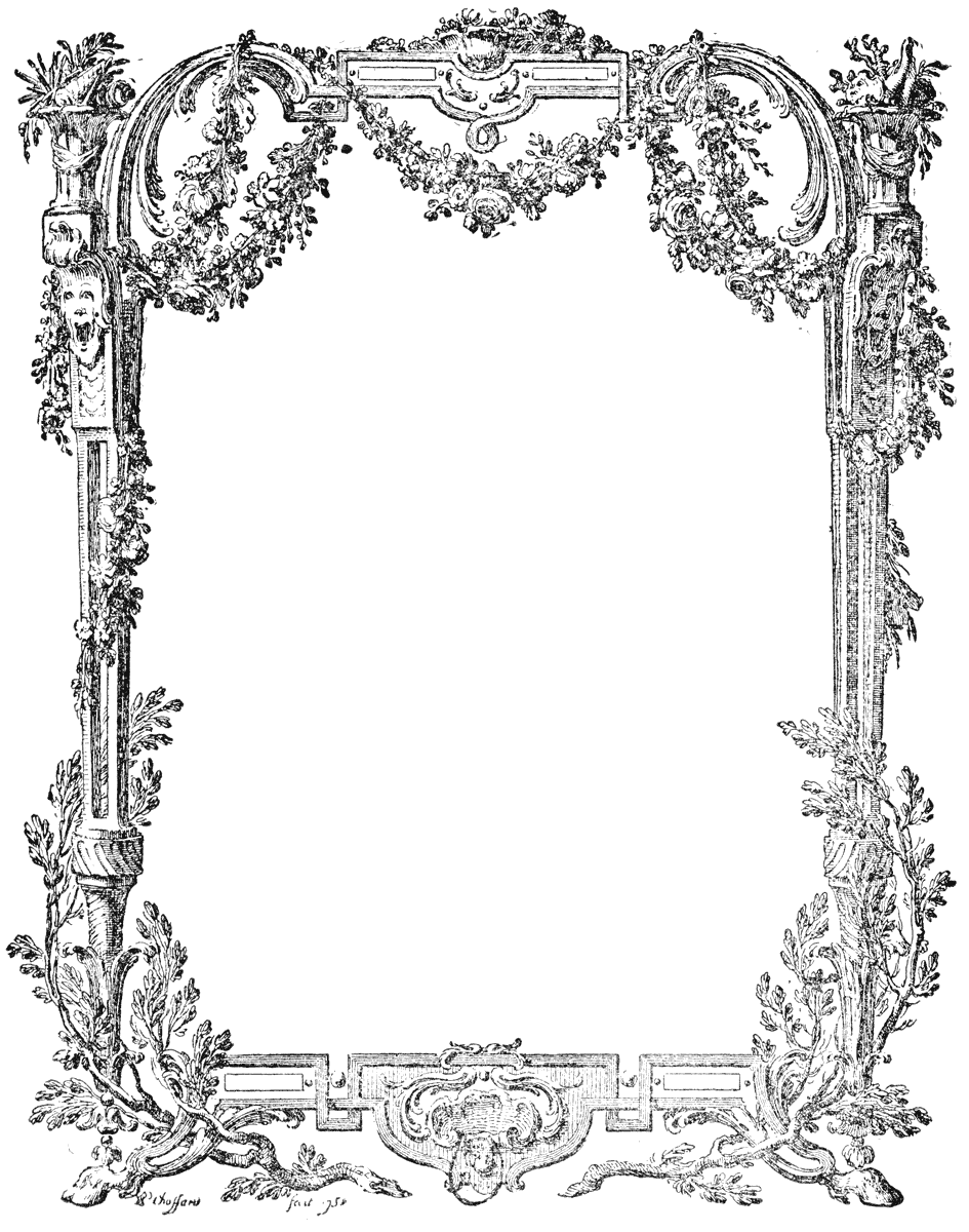 Border, here without text, designed by Choffard, the French engraver, in 1758. From Henri Bouchot 'The Printed Book' 1887, page 197, published size in Bouchot 11cm wide by 13.8cm high.
