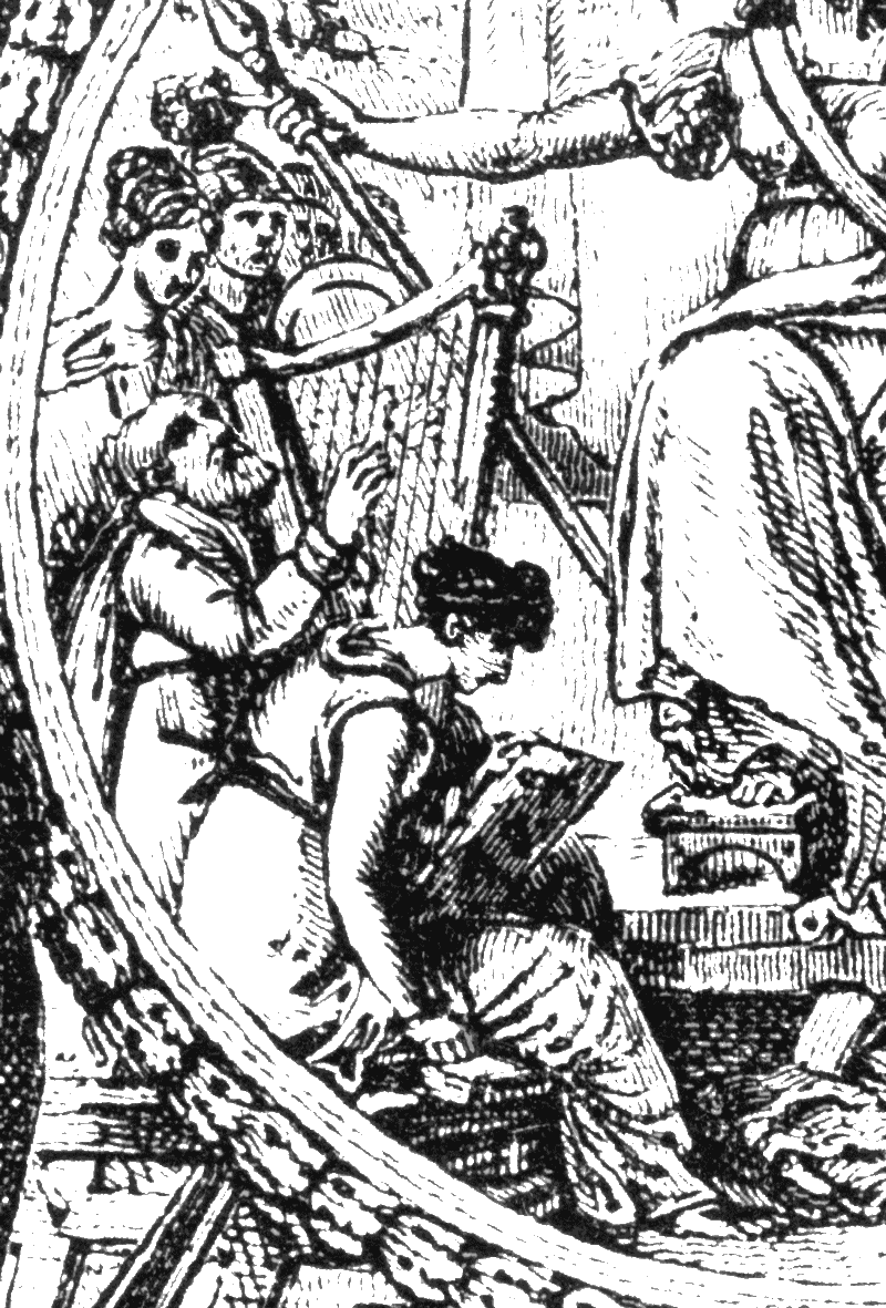 Luke Clennell wood engraving detail, after Benjamin West, for the diploma of the Highland Society.  From Henri Bouchot 'The Printed Book', 1887, page 225, published size approximately 1.69 cm wide by 2.5 cm high.