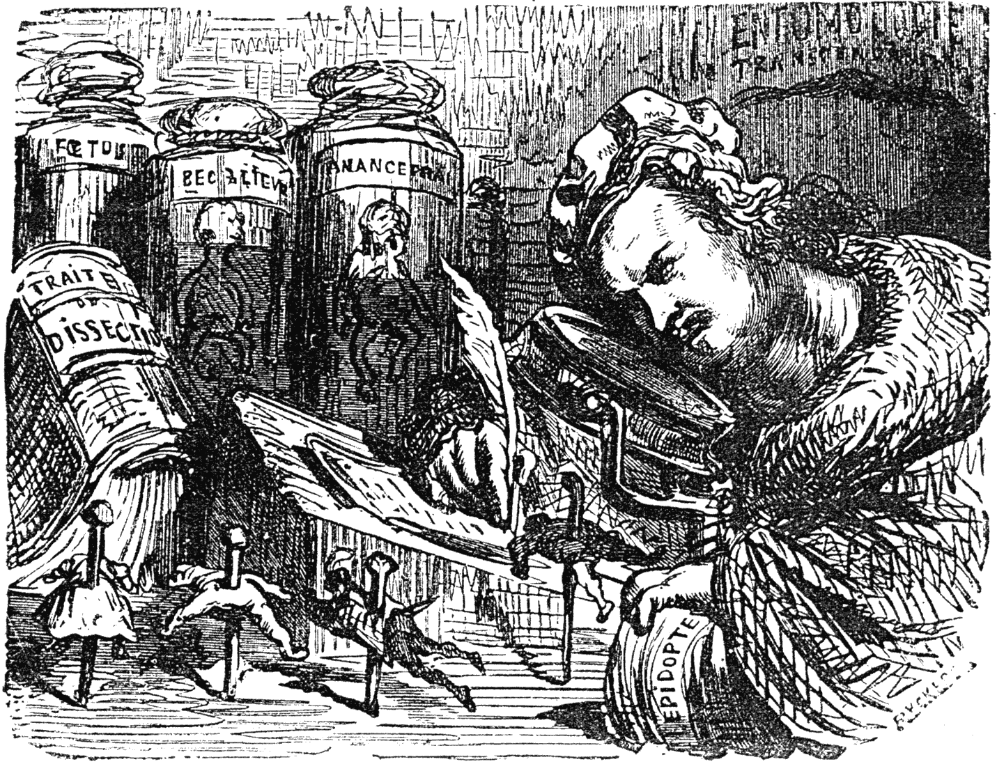 Balzac writing his 'Contes Drolatiques'. Vignette dated 1865 by Gustave Dore (1832-1883). From Henri Bouchot 'The Printed Book' 1887, page 234, published size in Bouchot, 7.8cm wide by 6.1cm high.