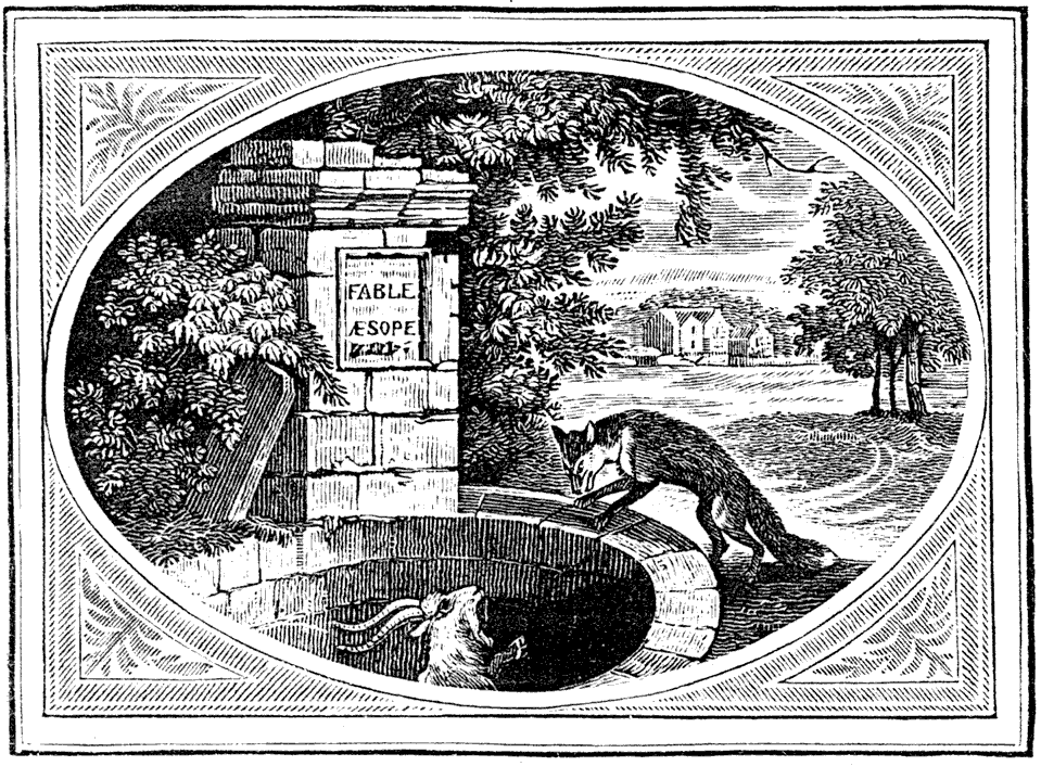 Thomas Bewick (1753-1828), woodcut, The Fox and the Goat,  from his 'Fables', 1818. From Henri Bouchot 'The Printed Book' (1887), page 235, published size 7.9 cm wide by 5.8 cm high.