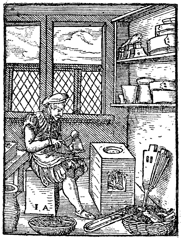 Type-founder in the middle of the sixteenth century. Engraving by Jost Amman. From Henri Bouchot 'The Printed Book', 1887, page 241, published size in Bouchot 5.9 cm wide by 7.8 cm high.
