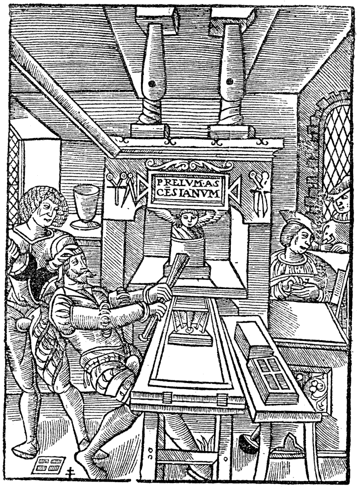 Mark of Jodocus Badius of Asch, representing the interior of a printing office about 1535. From Henri Bouchot 'The Printed Book', 1887, page  247, published size in Bouchot 7 cm wide by 9.7 cm high.