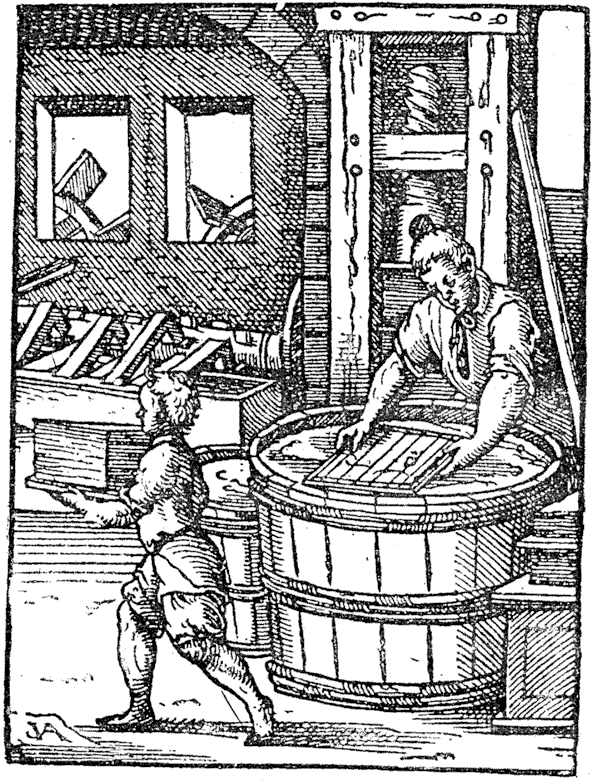 Paper making.Workman engaged on the tub with the frame of wires. Engraving by Jost Amman, Swiss engraver (1539-1591). From Henri Bouchot 'The Printed Book' 1887, page 250, published size in Bouchot, 5.8 cm wide by 7.7 cm high.