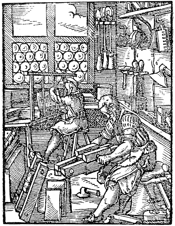 Bookbinder's shop in the 16th century. Engraving by Jost Amman. From Henri Bouchot 'The Printed Book' 1887, page 255, published size in Bouchot 5.8 cm wide by 7.8 cm high.
