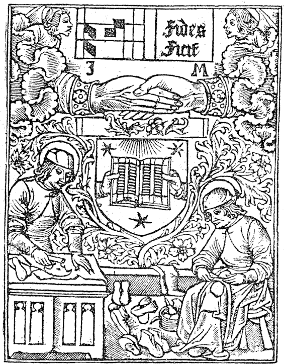 Mark of Guyot Marchant, 15th century printer and bookbinder. From Henri Bouchot 'The Printed Book' 1887, page 266, published size 6.9 cm wide by 9 cm high.