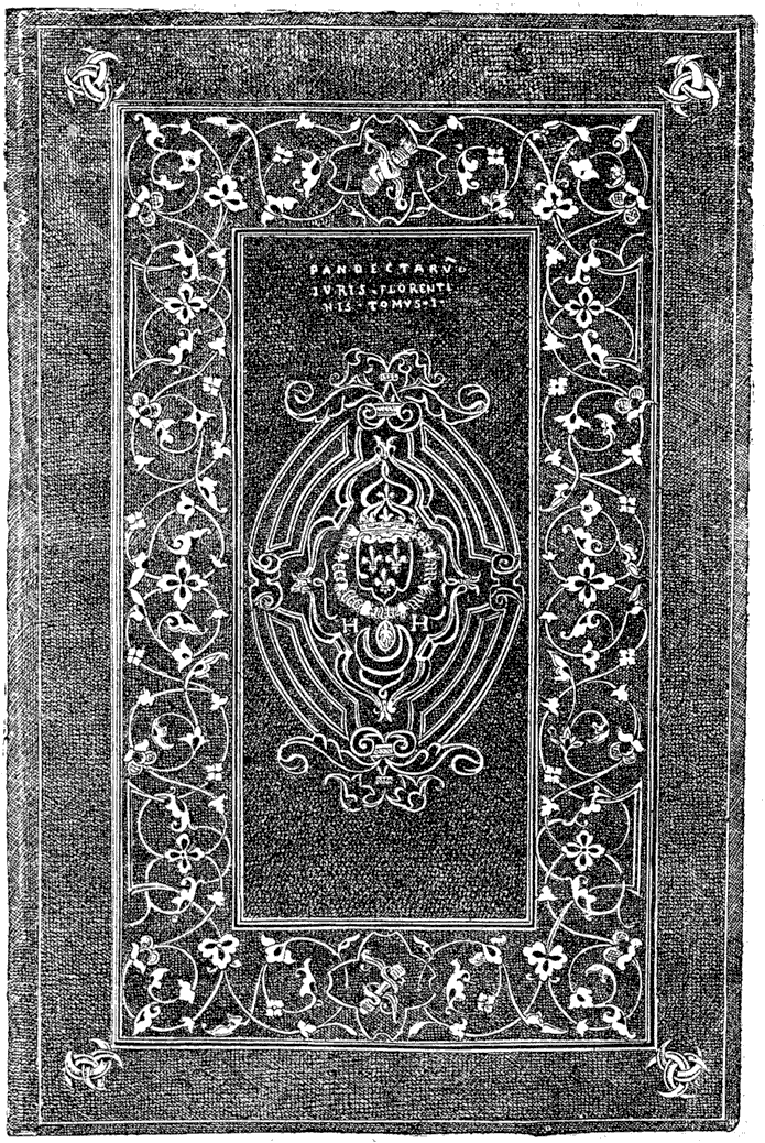 Binding for Henri II. 16th century King of France, with the 'H' and crescents. From Henri Bouchot 'The Printed Book' 1887, page 267, published size 8.5 cm wide by 13 cm high.