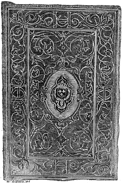 Book binding. Binding for 16th century French king Henri II. (Mazarine Library).  From Henri Bouchot 'The Printed Book' 1887, page 269, published size 8.5 cm wide by 12.9 cm high.