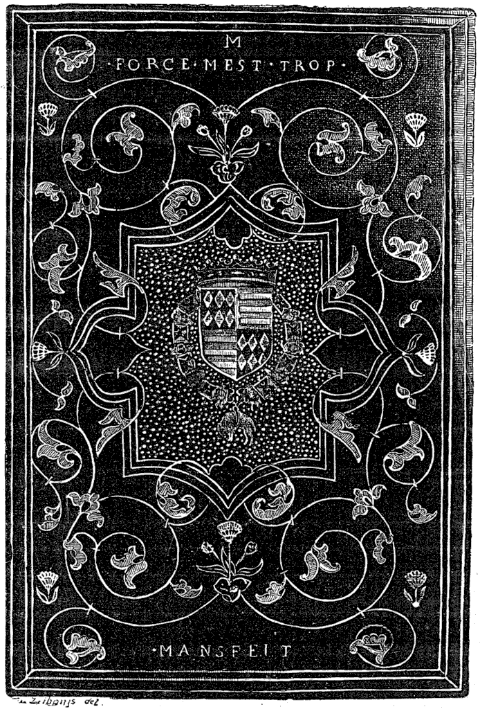 Book binding. 17th century German binding with the arms of Count Mansfeldt (c.1580-1626), showing the ornamental style with azure scroll work.  From Henri Bouchot 'The Printed Book' 1887, page 273, published size 8.5 cm wide by 12.8 cm high.