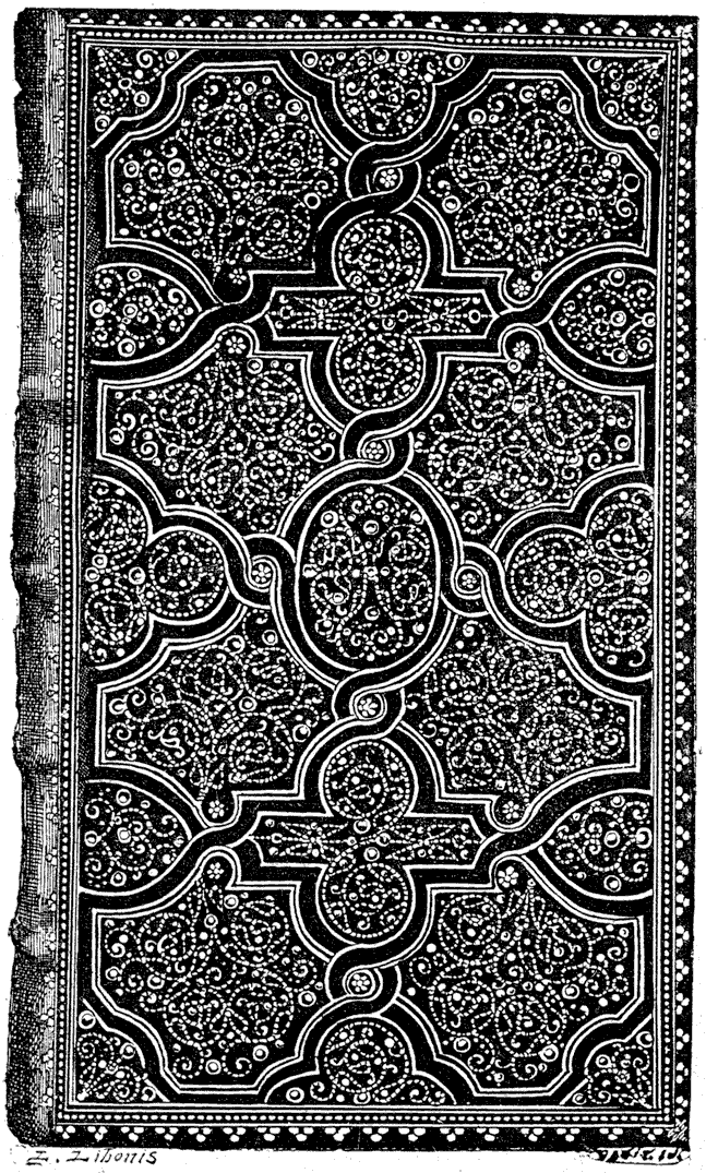 17th century French 'pointille' style binding, assigned to Le Gascon. From Henri Bouchot 'The Printed Book' 1887, page 277, published size 7.9 cm wide by 13.4 cm high.