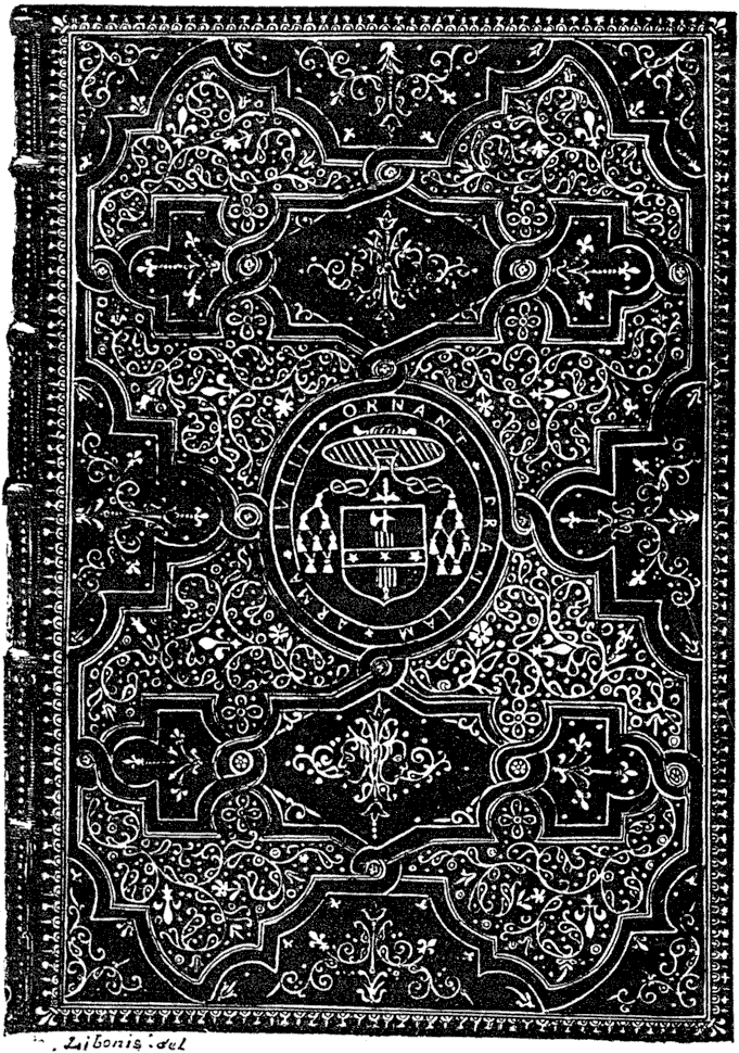 17th century French book binding. Le Gascon binding for Cardinal Mazarin (1602-1661). From Henri Bouchot 'The Printed Book' 1887, page 279, published size 8.5 cm wide by 12.15 cm high.