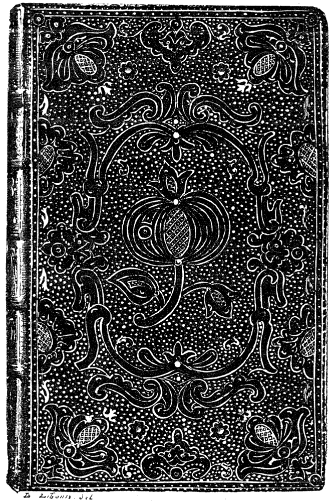 Book binding. 18th century French mosaic binding for the 'Spaccio de la Bestia Trionfante' 1584. From Henri Bouchot 'The Printed Book' 1887, page 283, published size 8.4 cm wide by 13 cm high