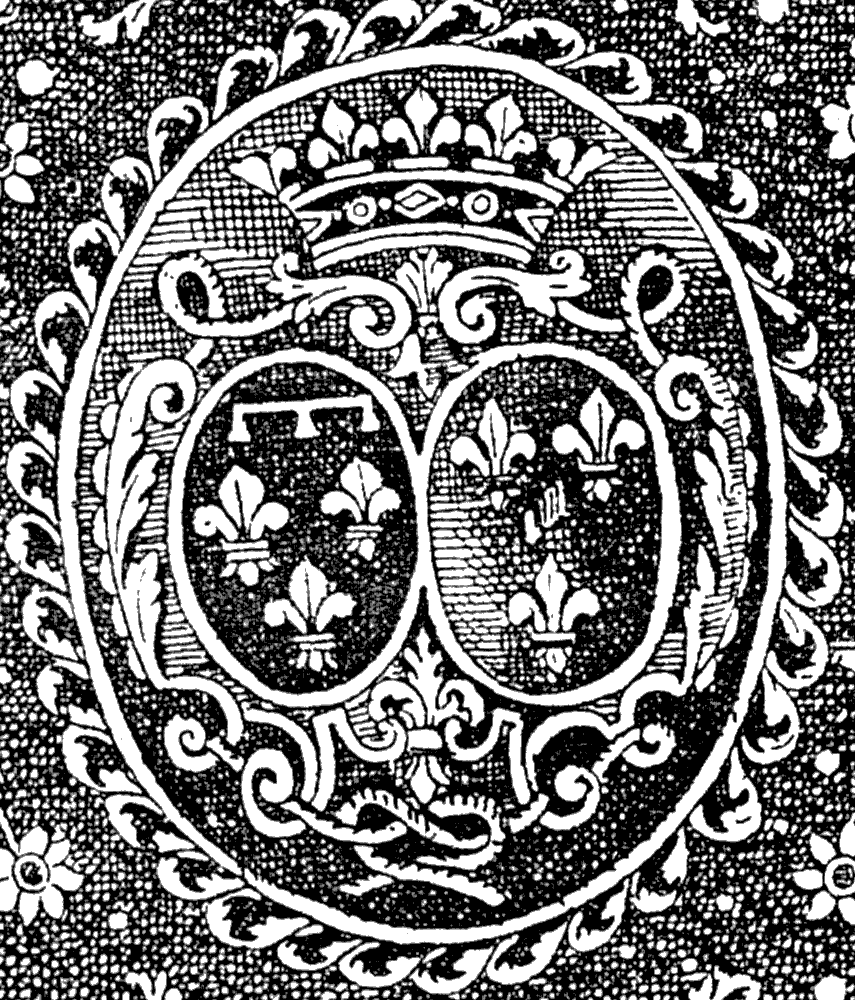 Detail of the Arms of Philippe Charles d'Orleans (1674-1723), for 18th century mosaic style binding. From Henri Bouchot 'The Printed Book' 1887, page 285, published size 3.46 cm wide by 4.04 cm high.