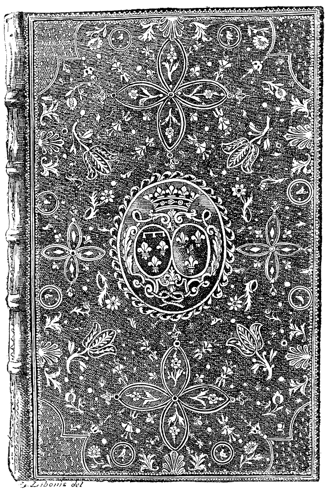 Mosaic binding of the 18th century, with the arms of the Regent for Louis XV, Philippe d'Orleans, and his wife, Francoise Marie de Bourbon. From Henri Bouchot 'The Printed Book' (1887), page 285, published size 8.45 cm wide by 12.7 cm high.