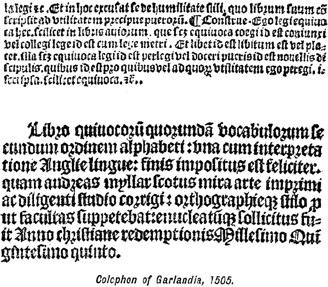 Colophon of Garlandia, 1505, printed size 8.35cm wide x 6.65cm deep