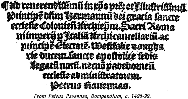 From Petrus Ravennas, Compendium, c.1495-99, by Herman Bumgart, printed size (larger than original) 9.5cm wide x 4.6cm deep.
