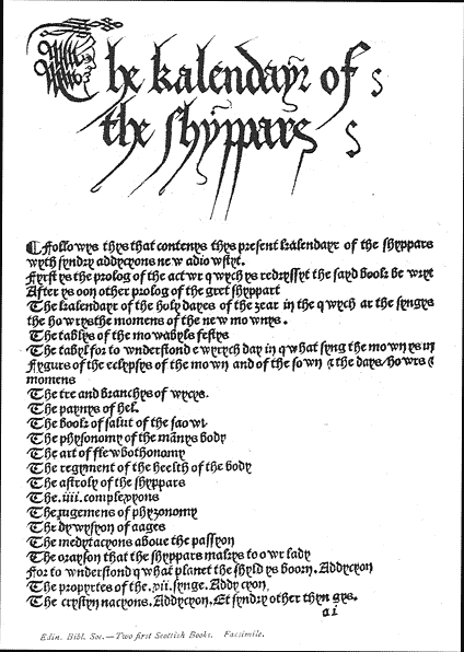 Title and contents of 'The kalendayr of the shyppars', 1503
