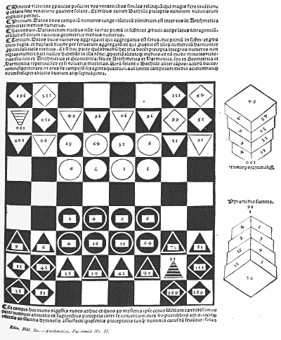  'Rithmimachie ludus', is a dialogue on the properties of numbers, with a curious diagram of an obscure kind of game played on a board resembling a chess-board, and intended to illustrate the properties of numbers