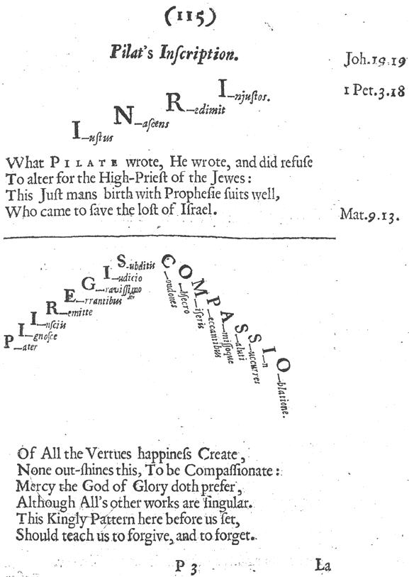 Otia Sacra, Pilat's Inscription & Piiregis Compassio, from Mildmay Fane 'Otia Sacra' 1648, printed size approximately 11.5cm wide by 16.5cm high.
