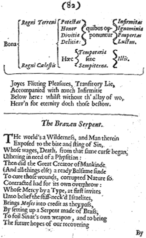 Otia Sacra, Regni Terreni and The Brazen Serpent, from Mildmay Fane 'Otia Sacra' 1648, printed size 10.3cm wide by 16.72cm high