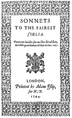 First page of 'Sonnets to the fairest Coelia' by William Percy 1594